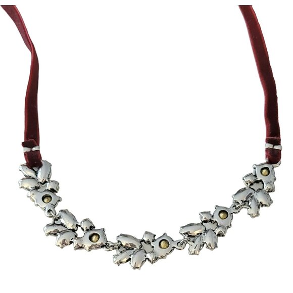 Silver Tone Clear Rhinestone Collar, Red Velvet Cord Statement Necklace 60" Long - Picture 5 of 8